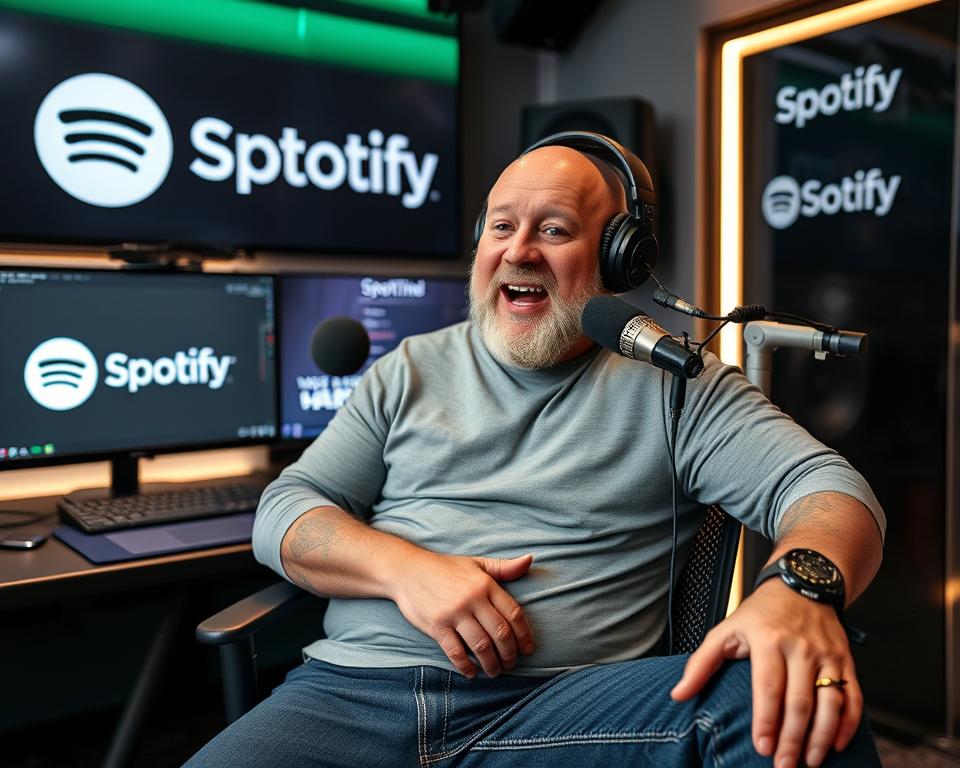 Joe Rogan In His Podcast Studio With Spotify Branding Visible Joe Rogan In His Podcast Studio With Spotify Branding Visible